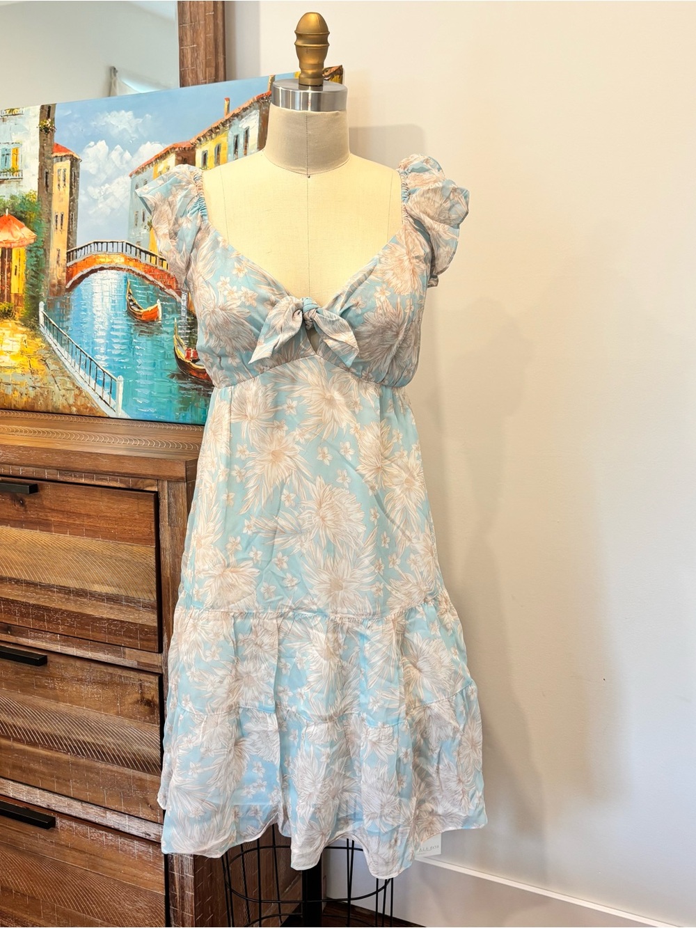 Hale Bob Light Blue Floral Tie-Front Ruffle Mini Dress